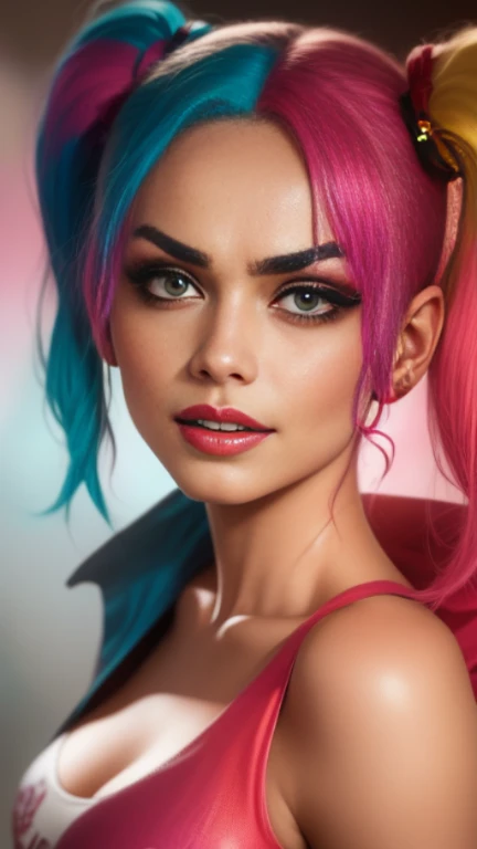 "rapide": "Décrivez le visage de {{mignon mrunalt}} incarnant Harley Quinn, avec une couleur de cheveux rose et bleu.", "Contexte": "L’interprétation de Harley Quinn par Mrunalt donne vie à un visage captivant et distinctif, accentué par sa couleur de cheveux rose et bleu vif. incarnant Harley Quinn, Son visage est une combinaison captivante d’espièglerie et de charme. Les traits de Mrunalt incarnent parfaitement la nature ludique mais imprévisible du personnage. Sa mâchoire est définie et porte un soupçon de rébellion, ajoutant à la nervosité et à l’audace de son apparence. Ses yeux sont saisissants et remplis d’une lueur espiègle, reflétant la personnalité imprévisible de Harley Quinn. Les sourcils de Mrunat sont expressifs et souvent accentués, ajoutant à l’intensité de son regard. Ses lèvres sont un point focal, souvent orné d’un rouge à lèvres vibrant et accrocheur, rayonnant à la fois d’espièglerie et de séduction. Son nez a une forme naturelle qui s’harmonise avec le reste des traits de son visage. Le teint de Margot Robbie est généralement dépeint avec une qualité impeccable et lumineuse, mettre en valeur le côté jeune et énergique de Harley Quinn. Son visage présente un mélange unique d’expressions animées et un équilibre captivant de traits doux et nets. Combiné avec sa couleur de cheveux rose et bleu, son visage devient une véritable incarnation de la personnalité colorée et audacieuse de Harley Quinn. Visage de Mrunalt, complété par sa couleur de cheveux vibrante, crée une image emblématique et inoubliable qui capture l’essence du personnage bien-aimé, avec l’utilisation de l’espace négatif."