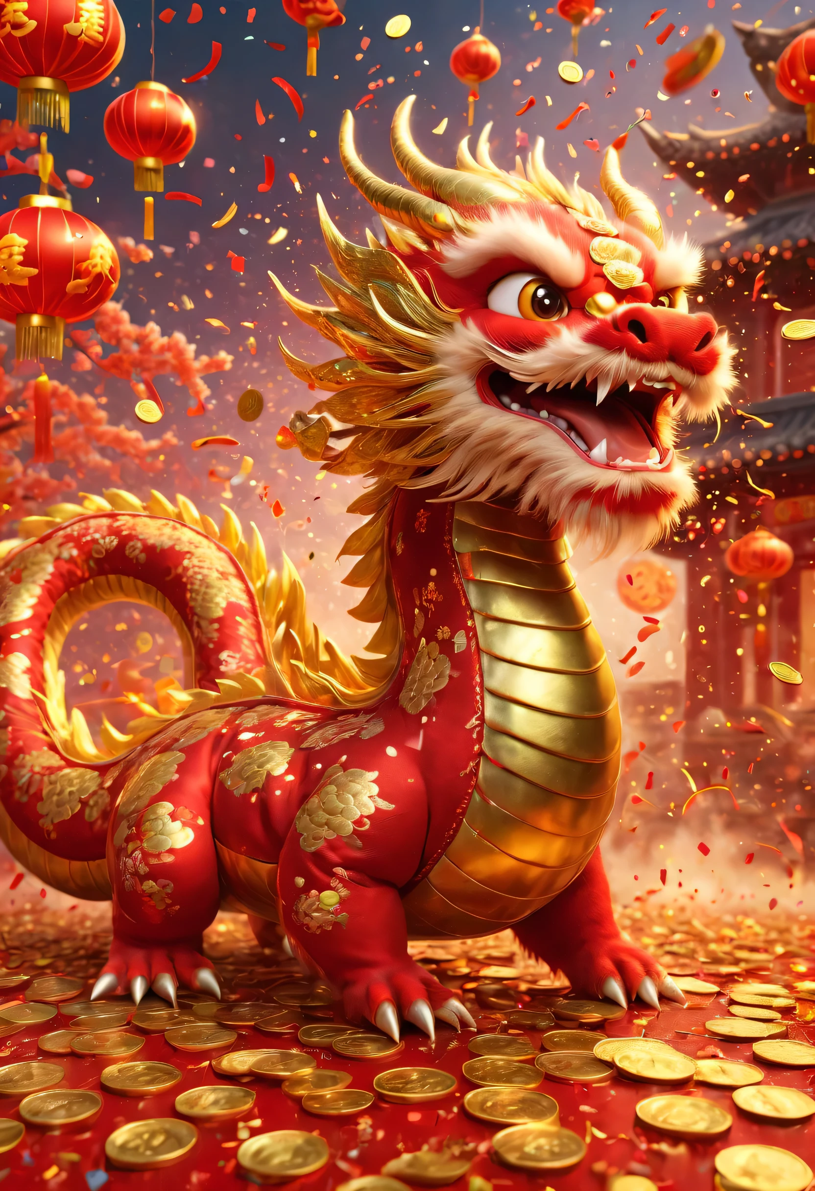 Chinese Lunar New Year has arrived，baby oriental dragon，hairy body，big furry head，blue，Silly dragon，interesting。Many gold coins burst out from firecrackers，Red and gold confetti flying in the sky，Gold coin rain，A strong festive atmosphere，It was very lively。