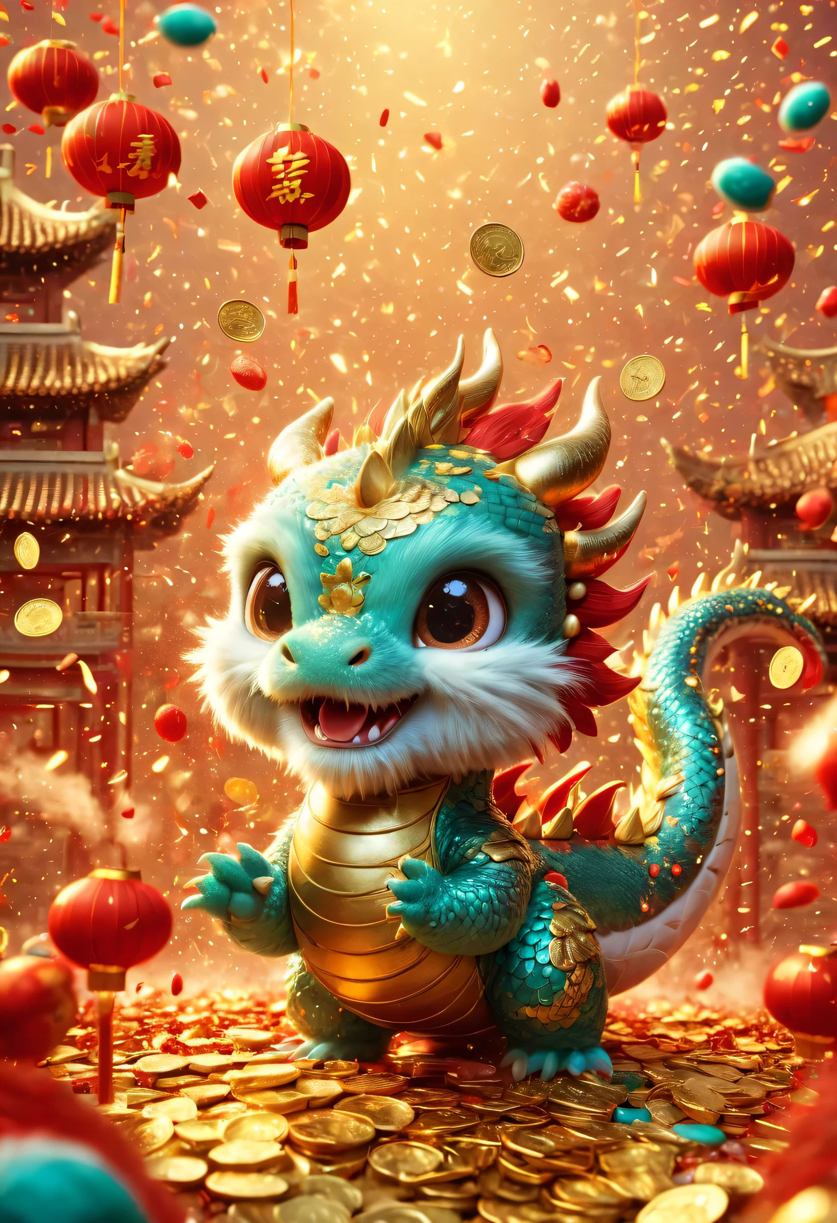 Chinese Lunar New Year has arrived，baby oriental dragon，cyan furry body，Warm，Many gold coins burst out from firecrackers，Red and gold confetti flying in the sky，（Gold coin rain），A strong festive atmosphere，It was very lively。