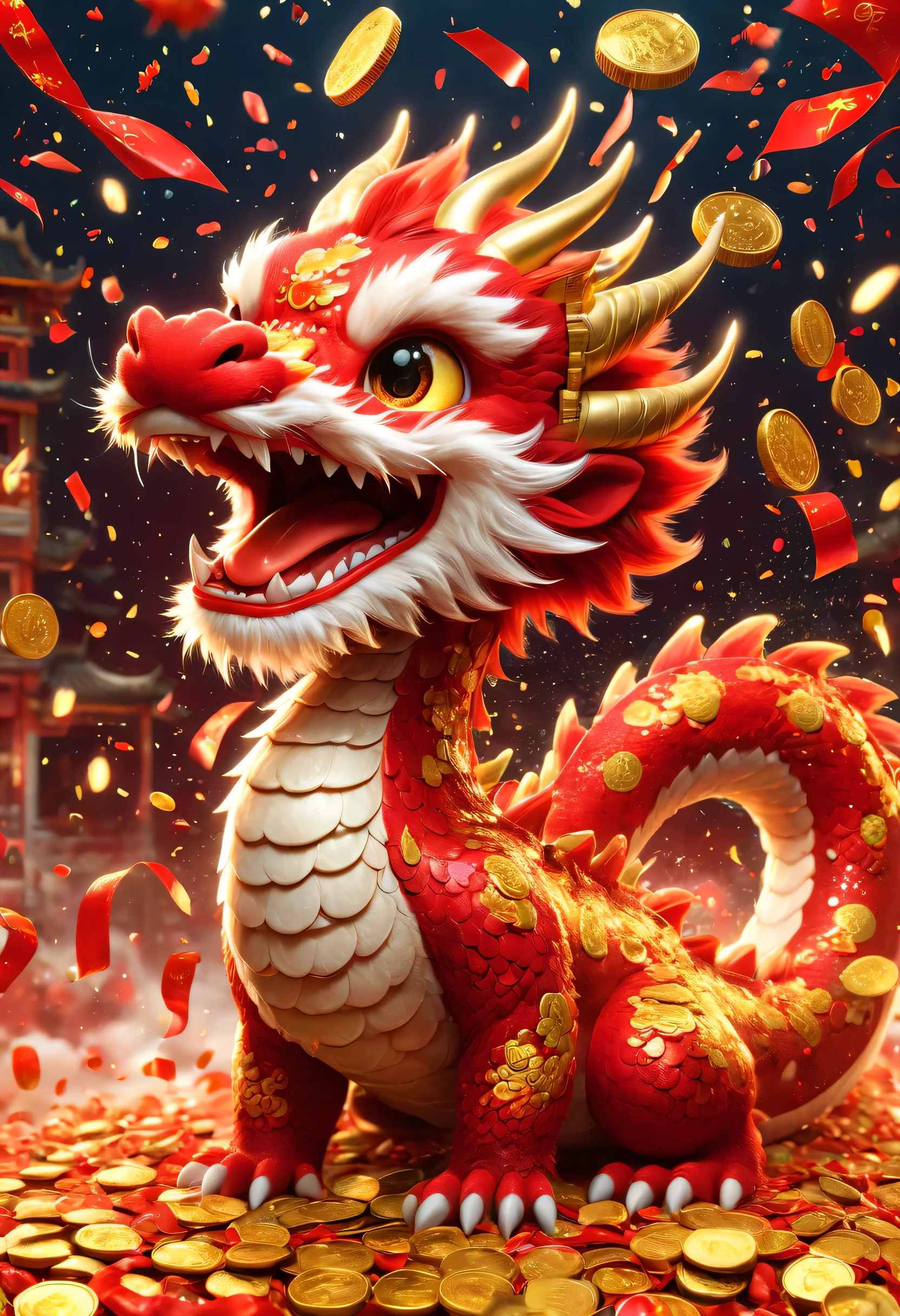 Chinese Lunar New Year has arrived，baby oriental dragon，hairy body，big furry head，blue，Silly dragon，interesting。Many gold coins burst out from firecrackers，Red and gold confetti flying in the sky，Gold coin rain，A strong festive atmosphere，It was very lively。