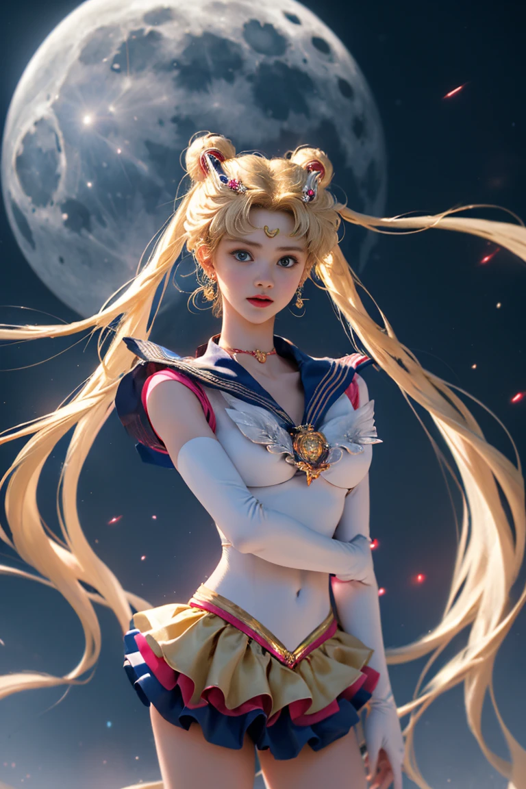 Masterpiece, Full: 1.3, Stand, 8K, 3D, Realistic, Ultra Micro Shooting, Top Quality, Extreme Detail CG Unity 8K Wallpaper, from below, intricate details, (1 female), 18 years old, (Sailor Moon supersailormoon mer1, Tiara, Sailor Senshi Uniform Sailor: 1.2, Sailor Moon: 1.2), Impossibly long bright twin-tailed blonde, thin and very long straight twin-tailed blonde, hair bun, red round hair ornament in a hair bun, Sailor Senshi uniform, (blue collar, blue sailor collar, blue pre-gate mini skirt: 1.3, very large red bow on the chest: 1.3, long white latex gloves: 1.3, red gloves on the elbows, Very large red bow behind the waist: 1.1, cleavage is looking large, golden tiara, earrings), (face details: 1.5, bright blue eyes, beautiful face, beautiful eyes, shiny eyes, thin lips: 1.5, thin and sharp pale eyebrows, long dark eyelashes, double eyelashes), luxurious golden jewelry, thin, thin and muscular, small face, big breasts, perfect proportions, Thin waist, sexy model pose, visible pores, seductive smile, perfect hands: 1.5, high-leg swimsuit, very thin and fit high-gloss white holographic leather, octane rendering, very dramatic image, strong natural light, sunlight, exquisite lighting and shadow, dynamic angle, DSLR, sharp focus: 1.0, Maximum clarity and sharpness, (space background, moonlight, moon, dynamic background, detailed background)