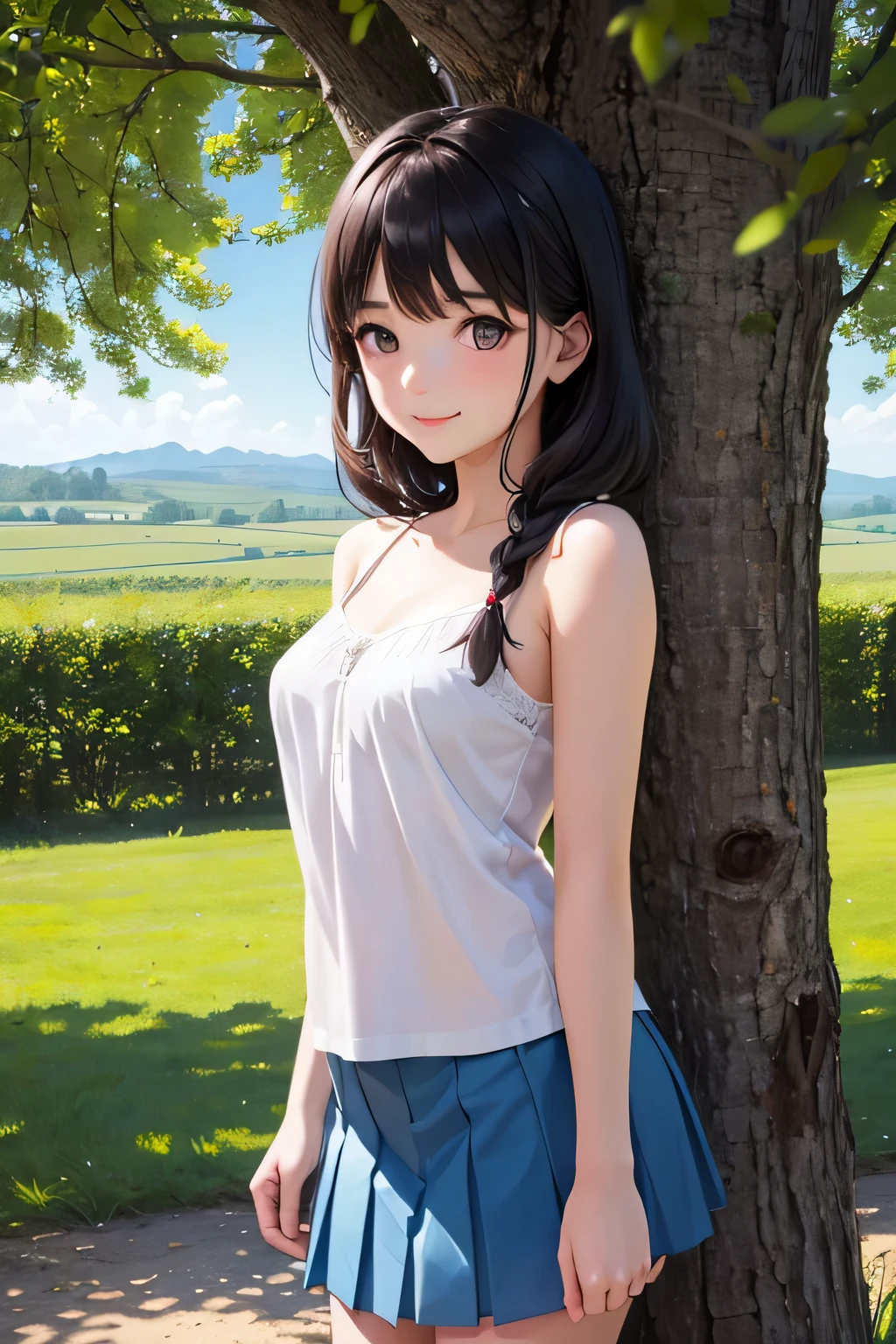 Anime girl in a blue skirt posing next to a tree - SeaArt AI