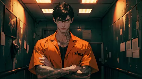 1 boy,Tall and strong., perfect male body,look at the camera, (Black hair,Orange prison uniform, prisoner, Hold your arms, evil ...
