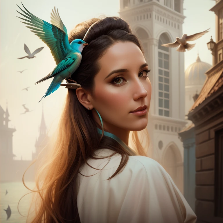 Un gros plan d&#39;a woman with birds on her head, hyperrealistic fantasy art, realistic fantasy painting, Artgerm Julie Bell Beeple, there are birds on his head, Beautiful digital art, superb works of&#39;art, belle peinture de personnage, joli art, beau portrait d&#39;art fantastique, Karol Bak euh, Beeple et Jeremias Ketner