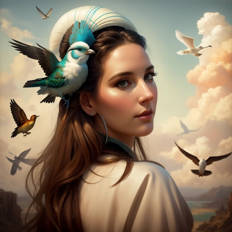 Un gros plan d&#39;a woman with birds on her head, hyperrealistic fantasy art, realistic fantasy painting, Artgerm Julie Bell Beeple, there are birds on his head, Beautiful digital art, superb works of&#39;art, belle peinture de personnage, joli art, beau portrait d&#39;art fantastique, Karol Bak euh, Beeple et Jeremias Ketner