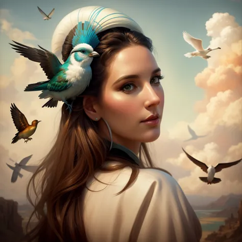 Un gros plan d&#39;a woman with birds on her head, hyperrealistic fantasy art, realistic fantasy painting, Artgerm Julie Bell Be...