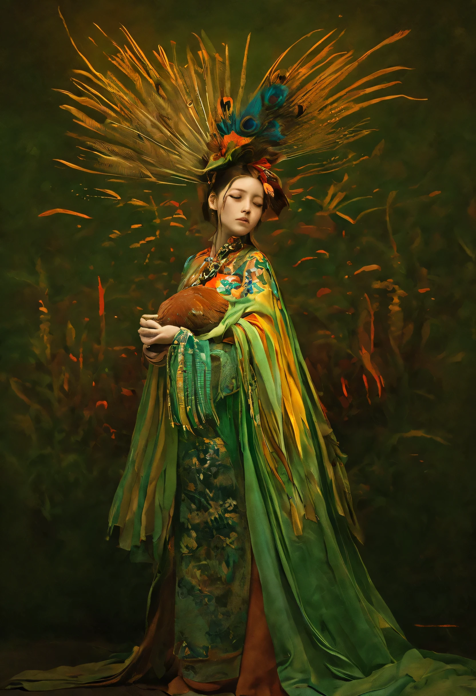 super fine illustration, highest quality, theme: "The sadness of adults who have forgotten how to cry" A work based on Kiji&#39;s tanka; A beautiful girl wearing a costume inspired by a pheasant, Capturing the emotional essence of tanka; Calm atmosphere, The shadows of adults surrounding the girl, convey a feeling of melancholy; A girl&#39;s silent expression replaces tears, Create mind-blowing and evocative visual expressions.