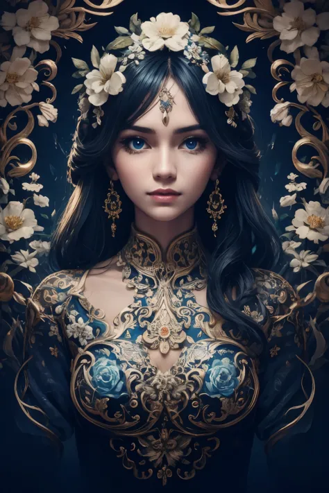 a stunning art, abstract, flowery, predominantly blue, white, upper body, centered, key visual, intricate, highly detailed, brea...