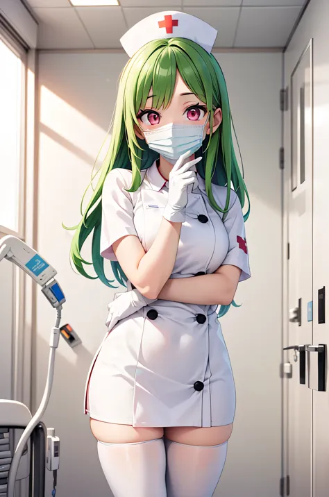 1 female, alone, nurse, nurse cap, Whiteware, ((white legwear, zettai ryouiki)), white gloves, amount, long hair, green hair, pi...
