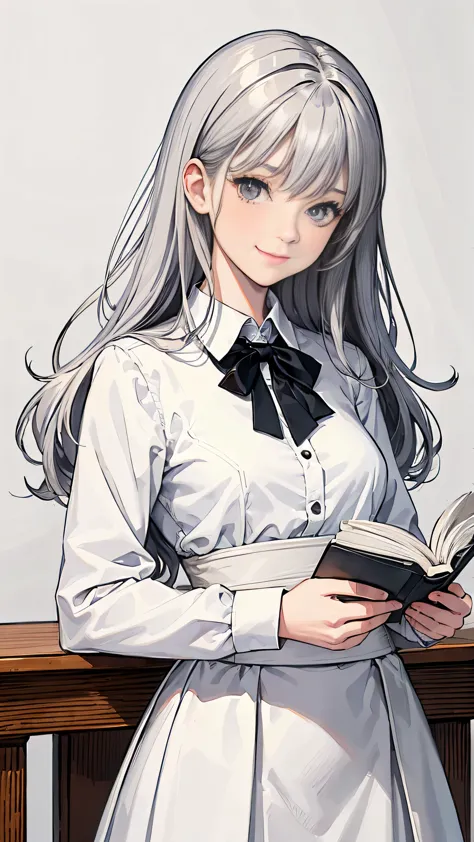 high quality coloring books, white background, no black fillings, portrait, highest quality, super high quality，1 girl, white shirt, gray hair, white tight skirt, white collar, gray hair, small breasts, reading a book, baby face, cute smile, manga, comics,...