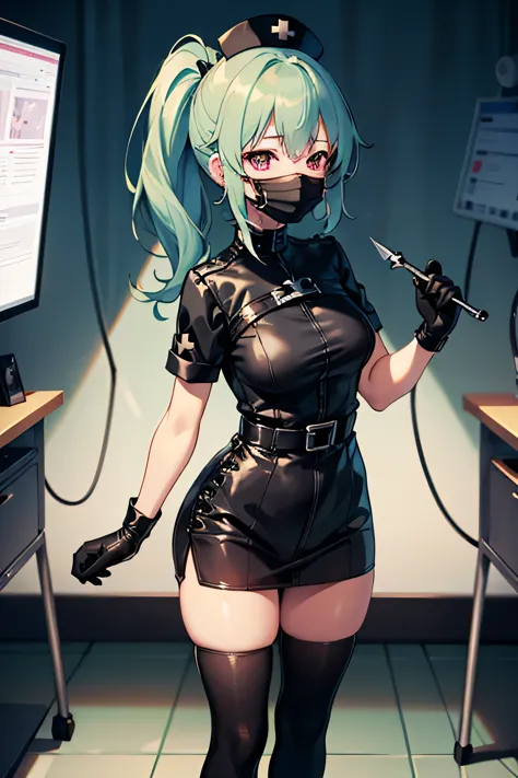 black nurse, 1 girl, alone, black nurse cap, Black Wear, ((black legwear, zettai ryouiki)), black elbow gloves, ponytail, green ...