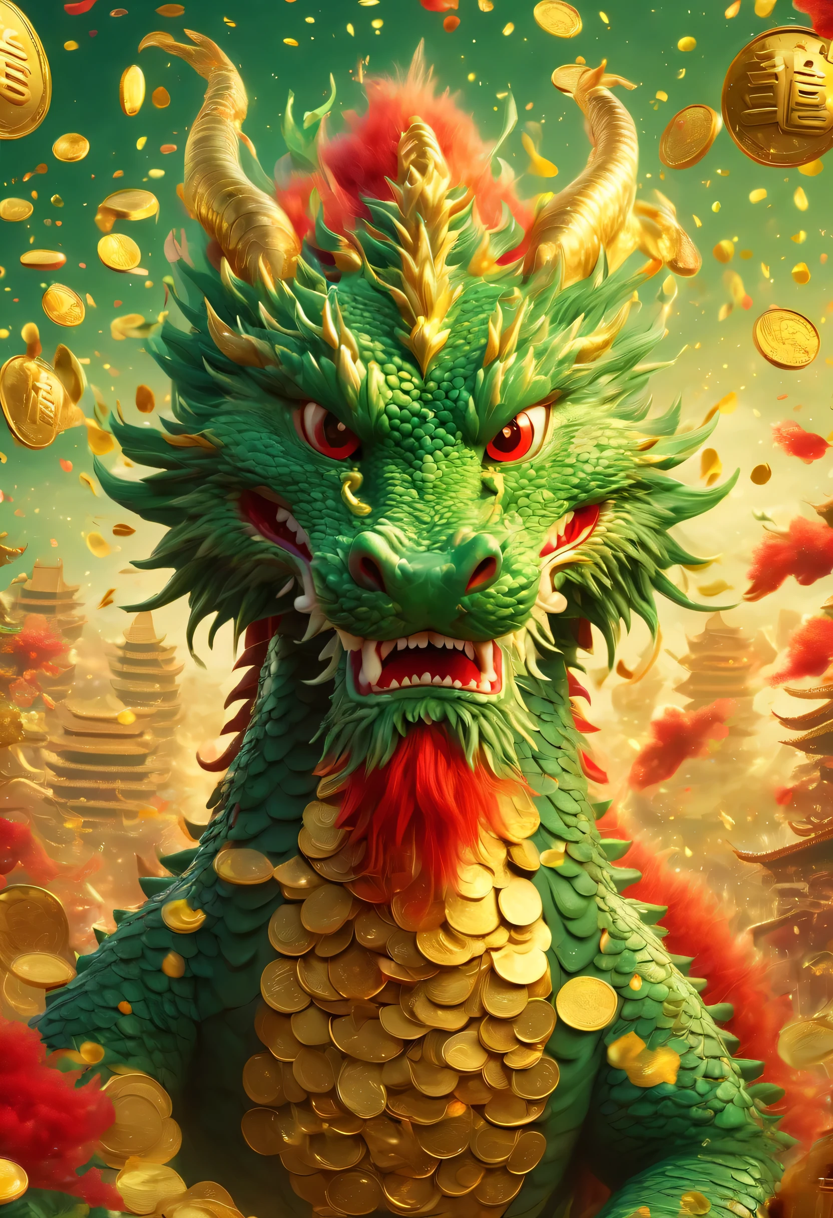 new year poster design：Oriental dragon close-up，big furry head，hairy body，paw。green，color。There are many gold coins in the air，Red and gold confetti flying in the sky，Gold coin rain，A strong festive atmosphere，It was very lively。symmetry，dreamy background blur