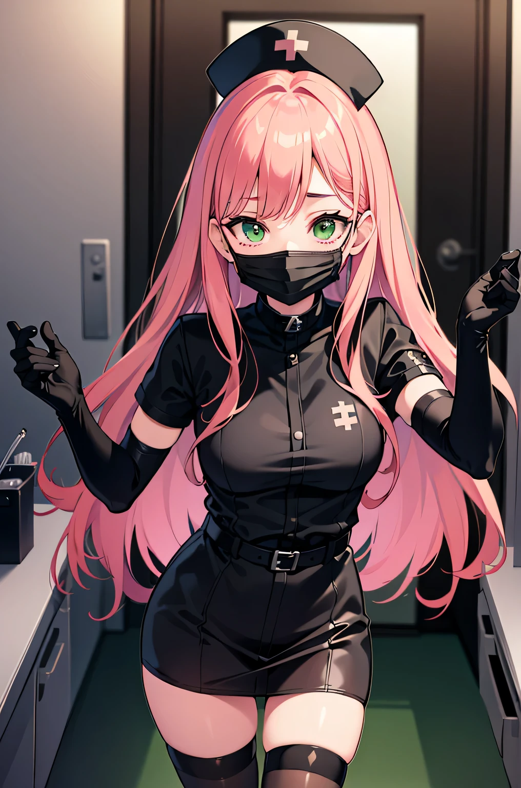 black nurse, 1 girl, alone, black nurse cap, Black Wear, ((black legwear, zettai ryouiki)), black elbow gloves, pink hair, green eyes, droopy eyes, ((Black surgical mask, Covered nose)), Are standing, ((operating room)), sharp outline, short sleeve, highest quality, masterpiece