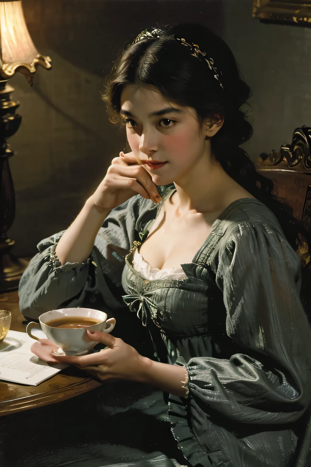 Create a visually appealing illustration of a 19th century woman drinking a cup of lettuce tea before bed, emphasizing the belief that a good night&#39;s sleep would contribute to your beauty.