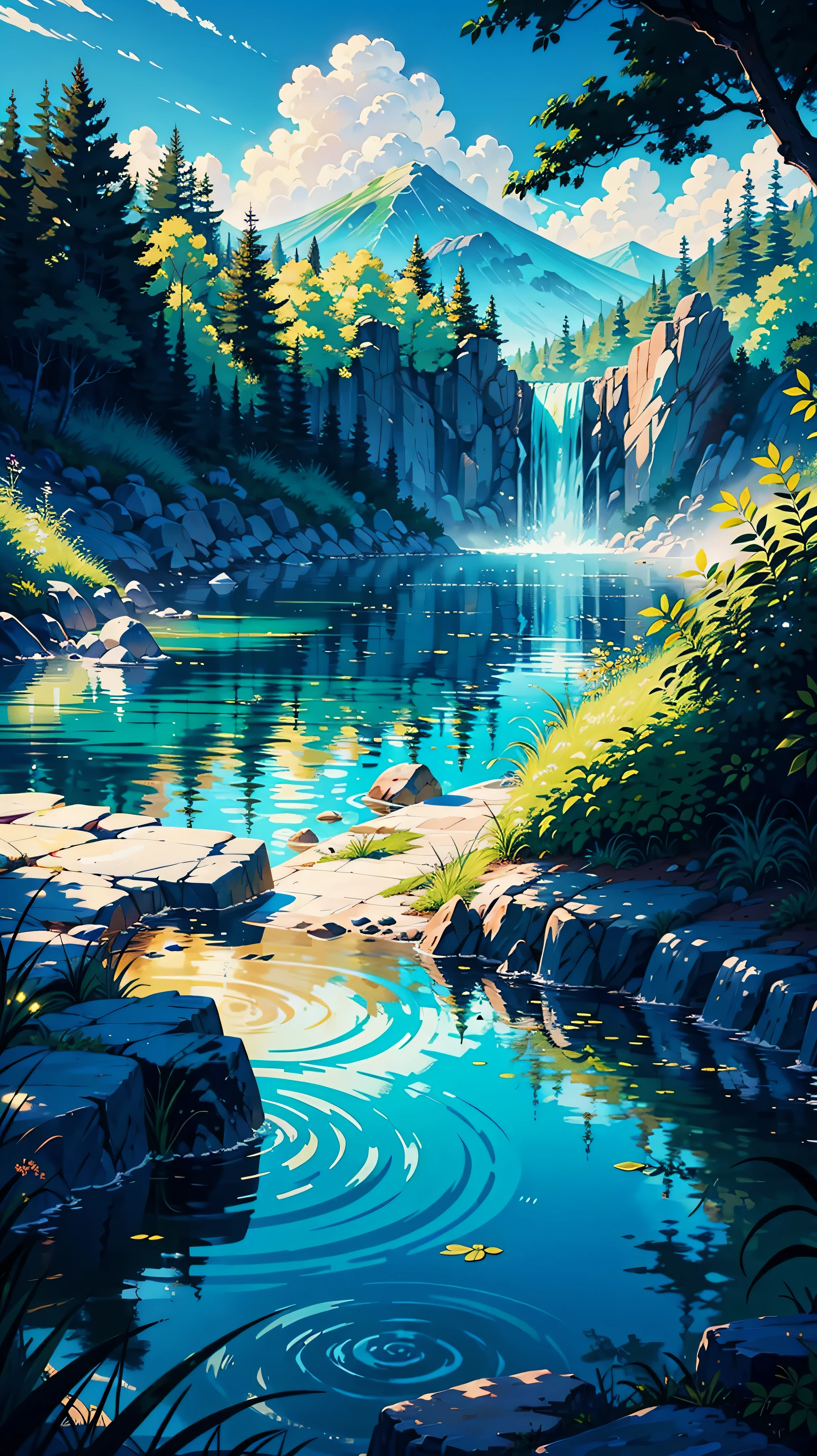 The image is a stunning illustration of a hidden paradise in the mountains, where a person is bathing in a natural pool of water. The image conveys a sense of tranquility, beauty, and wonder.

In the foreground, there is a person with their back turned towards the viewer, submerged up to their shoulders in a clear blue natural pool surrounded by smooth rocks. The person has long dark hair that flows over their shoulders and down their back. They are wearing a white bathing suit with blue floral patterns. They seem to be enjoying the peaceful moment, as their eyes are closed and their mouth is slightly curved into a smile. A wooden bucket sits on one of the rocks beside the pool, indicating that it might be used for bathing.In the middle ground, there is a waterfall that flows into the pool from the left side of the image, creating a soothing sound and a splash of water. The waterfall originates from a stream that runs along the edge of the mountain. The water is sparkling and reflecting the sunlight, creating a contrast with the greenery around it.

In the background, there are towering green mountains that stretch across the horizon, creating an awe-inspiring view. The mountains are covered with lush vegetation, such as pine trees, ferns, and grasses. The mountains have different shades of green, creating a sense of depth and perspective. The sky is clear and bright, with a few fluffy white clouds scattered across it. The sun is shining brightly from the top right corner of the image, illuminating everything beneath it.The image has a high saturation, making the colors pop and giving the image a lively feel. The image also has a high contrast, creating a sharp distinction between the light and dark areas. The image has a realistic and detailed style, resembling the illustrations of Thomas Kinkade or Studio Ghibli. The image has a horizontal orientation, with a landscape format.The camera view is from above, looking down into the pool and beyond to the mountains.