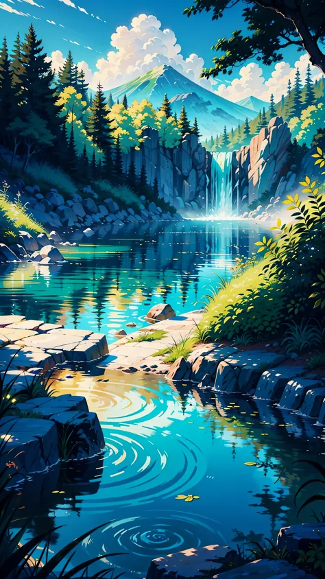 The image is a stunning illustration of a hidden paradise in the mountains, where a person is bathing in a natural pool of water...