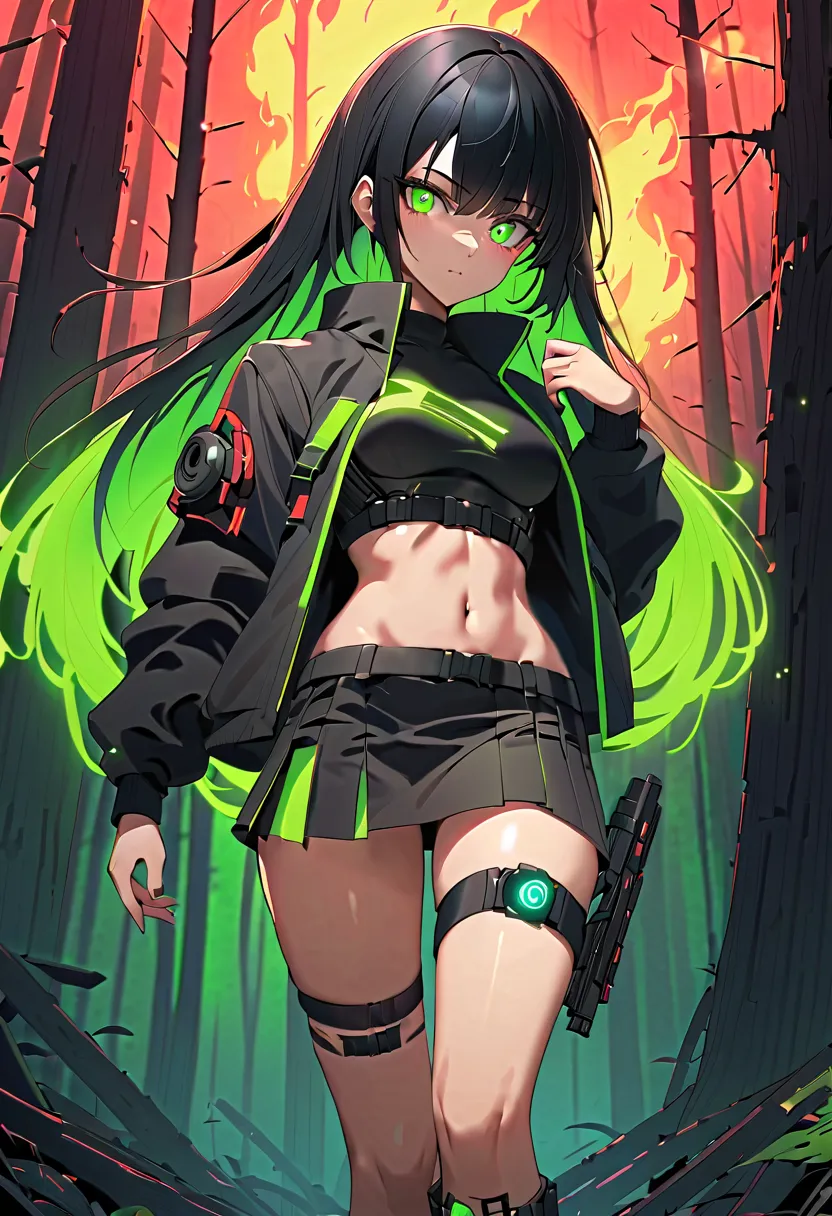 1 girl, solo, long_hair, bangs_between_the_eyes black_hair_with_strands_green, bi_color_ green_neon eyes, sexy_face, fire_arms_i...