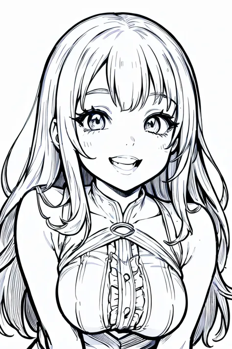 white background, Coloring pages for adults, pretty girl, smile, Bust shot close-up, in comic book style, thin line, high detail, gradual background, black and white, with out shading, --If 9:16
