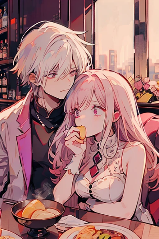 A pink haired woman with violet eyes with an hourglass figure is eating dinner a white haired handsome man with red eyes in a fancy restaurant
