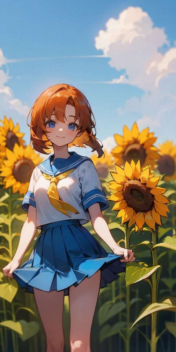 1 girl，beautiful scenery，(masterpiece、highest quality)，short hair,orange hair，sailor uniform，short sleeve,sunflower field,blue sky,yellow tie,blue eyes,Light blue mini skirt,A big smile