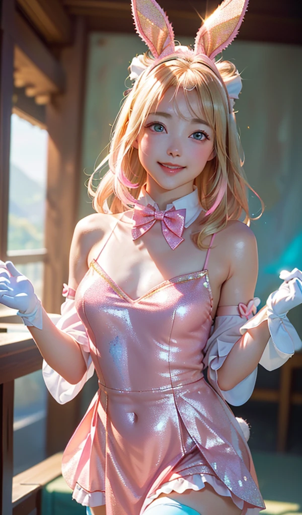 
masterpiece, best quality, extremely detailed CG unity 8k wallpaper, ,, ,(Upper Body head close-up shot of a beautiful little girl), Wendy, Long straight blonde hair,((Mckenna Grace)), (((flat chest))),((pink-Cyan))golden ((Glittering Maid Dress,Bunny Ear Headgear ,glove,Bow-tie,zettai ryouiki))， (()),(),(()),,(()) ,(((fleeing))), (Blush), oil skin ,()，, () (()),,(seductive smile)，,,, ,, (Wonderland),,(),,pretty fac, key art, award winning, intricate detail realism hdr, by (ruan jia and artgerm and range murata), Photorealism, Hyperrealism, ultra realistic, dramatic light, intense shadows, gorgeous view,depth of field