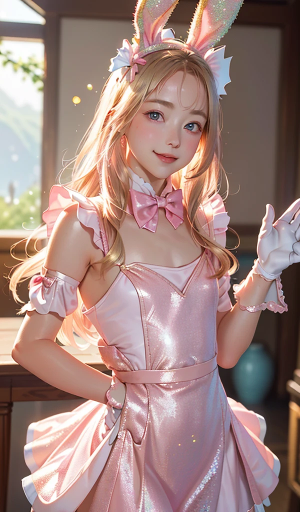 
masterpiece, best quality, extremely detailed CG unity 8k wallpaper, ,, ,(Upper Body head close-up shot of a beautiful little girl), Wendy, Long straight blonde hair,((Mckenna Grace)), (((flat chest))),((pink-Cyan))golden ((Glittering Maid Dress,Bunny Ear Headgear ,glove,Bow-tie,zettai ryouiki))， (()),(),(()),,(()) ,(((fleeing))), (Blush), oil skin ,()，, () (()),,(seductive smile)，,,, ,, (Wonderland),,(),,pretty fac, key art, award winning, intricate detail realism hdr, by (ruan jia and artgerm and range murata), Photorealism, Hyperrealism, ultra realistic, dramatic light, intense shadows, gorgeous view,depth of field