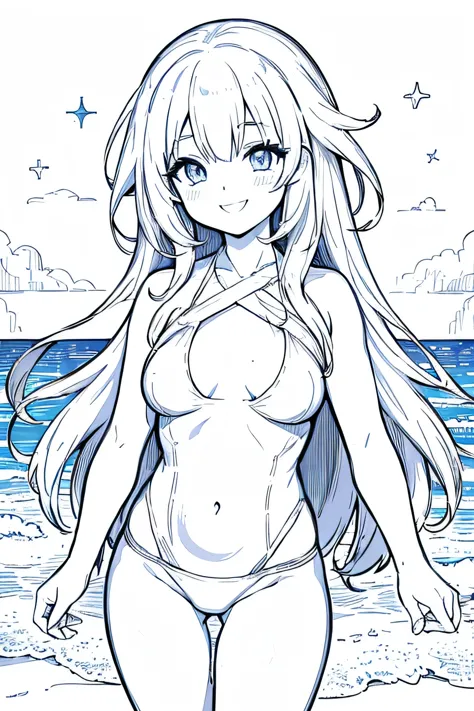 Coloring pages for adults, white background, pretty girl, smile, Bust shot close-up, play on the beach, like a bookie, white swimsuit, corner line, 70, galaxy stars background, black and white, with out shading, --If 9:16