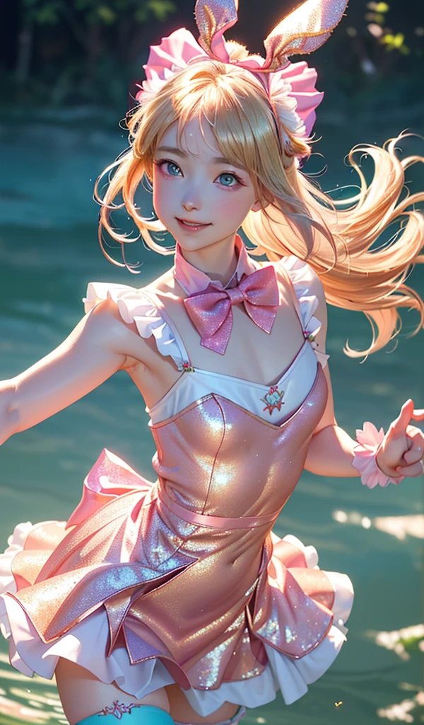 
masterpiece, best quality, extremely detailed CG unity 8k wallpaper, ,, ,(Upper Body head close-up shot of a beautiful little girl), Wendy, Long straight blonde hair,((Mckenna Grace)), (((flat chest))),((pink-Cyan))golden ((Glittering Maid Dress,Bunny Ear Headgear ,glove,Bow-tie,zettai ryouiki))， (()),(),(()),,(()) ,(((fleeing))), (Blush), oil skin ,()，, () (()),,(seductive smile)，,,, ,, (Wonderland),,(),,pretty fac, key art, award winning, intricate detail realism hdr, by (ruan jia and artgerm and range murata), Photorealism, Hyperrealism, ultra realistic, dramatic light, intense shadows, gorgeous view,depth of field