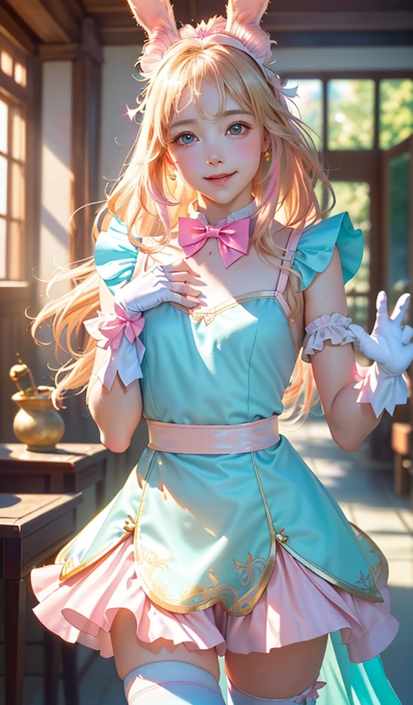 
masterpiece, best quality, extremely detailed CG unity 8k wallpaper, ,, ,(Upper Body head close-up shot of a beautiful little girl), Wendy, Long straight blonde hair,((Mckenna Grace)), (((flat chest))),((pink-Cyan))golden ((Glittering Maid Dress,Bunny Ear Headgear ,glove,Bow-tie,zettai ryouiki))， (()),(),(()),,(()) ,(((fleeing))), (Blush), oil skin ,()，, () (()),,(seductive smile)，,,, ,, (Wonderland),,(),,pretty fac, key art, award winning, intricate detail realism hdr, by (ruan jia and artgerm and range murata), Photorealism, Hyperrealism, ultra realistic, dramatic light, intense shadows, gorgeous view,depth of field