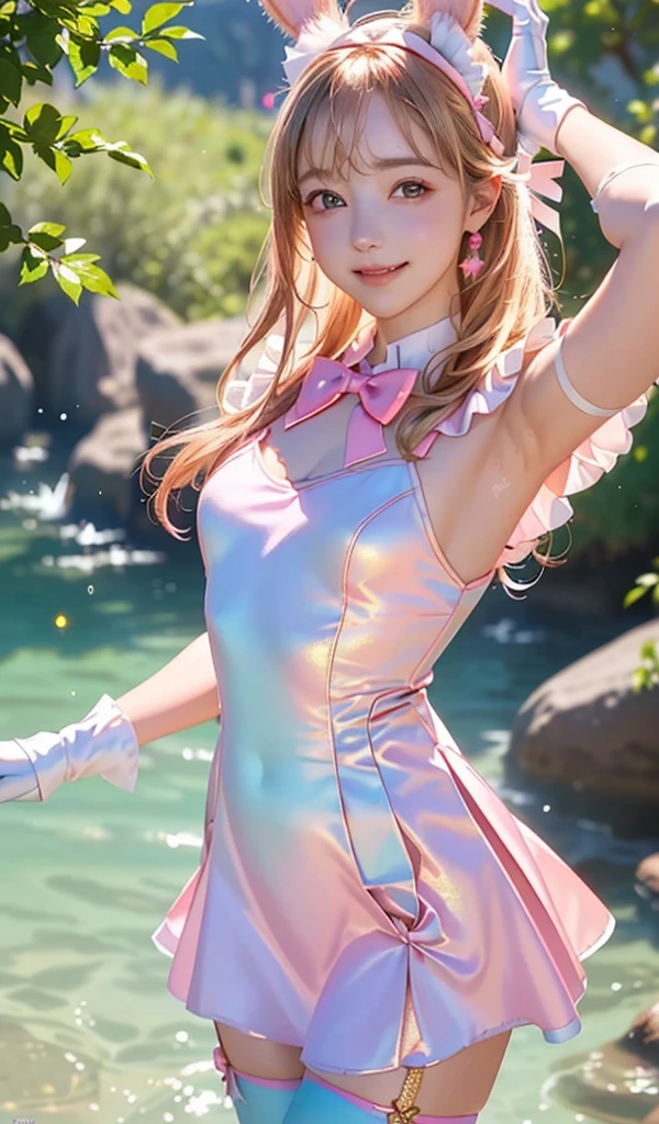 
masterpiece, best quality, extremely detailed CG unity 8k wallpaper, ,, ,(Upper Body head close-up shot of a beautiful little girl), Wendy, Long straight blonde hair,((Mckenna Grace)), (((flat chest))),((pink-Cyan))golden ((Glittering Maid Dress,Bunny Ear Headgear ,glove,Bow-tie,zettai ryouiki))， (()),(),(()),,(()) ,(((fleeing))), (Blush), oil skin ,()，, () (()),,(seductive smile)，,,, ,, (Wonderland),,(),,pretty fac, key art, award winning, intricate detail realism hdr, by (ruan jia and artgerm and range murata), Photorealism, Hyperrealism, ultra realistic, dramatic light, intense shadows, gorgeous view,depth of field