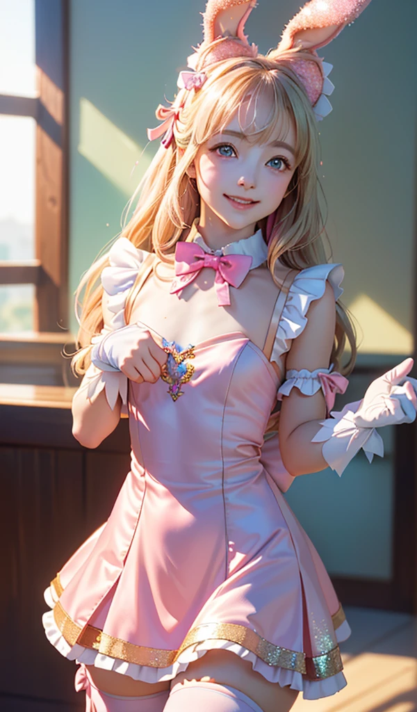 
masterpiece, best quality, extremely detailed CG unity 8k wallpaper, ,, ,(Upper Body head close-up shot of a beautiful little girl), Wendy, Long straight blonde hair,((Mckenna Grace)), (((flat chest))),((pink-Cyan))golden ((Glittering Maid Dress,Bunny Ear Headgear ,glove,Bow-tie,zettai ryouiki))， (()),(),(()),,(()) ,(((fleeing))), (Blush), oil skin ,()，, () (()),,(seductive smile)，,,, ,, (Wonderland),,(),,pretty fac, key art, award winning, intricate detail realism hdr, by (ruan jia and artgerm and range murata), Photorealism, Hyperrealism, ultra realistic, dramatic light, intense shadows, gorgeous view,depth of field