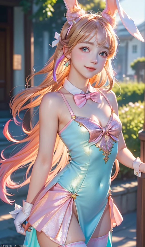 
masterpiece, best quality, extremely detailed CG unity 8k wallpaper, ,, ,(Upper Body head close-up shot of a beautiful little girl), Wendy, Long straight blonde hair,((Mckenna Grace)), (((flat chest))),((pink-Cyan))golden ((Glittering Maid Dress,Bunny Ear Headgear ,glove,Bow-tie,zettai ryouiki))， (()),(),(()),,(()) ,(((fleeing))), (Blush), oil skin ,()，, () (()),,(seductive smile)，,,, ,, (Wonderland),,(),,pretty fac, key art, award winning, intricate detail realism hdr, by (ruan jia and artgerm and range murata), Photorealism, Hyperrealism, ultra realistic, dramatic light, intense shadows, gorgeous view,depth of field