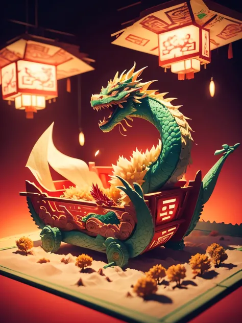 (Sandbox:1.4), cinematic angle, (1 cute child waving Chinese dragon shaped lantern, Chinese Spring Festival, festive, red backgr...