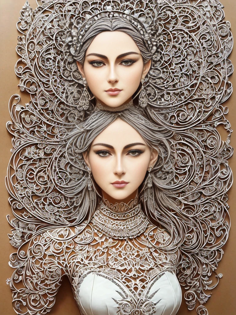 （（（arte em papel cortado，Flat paper cutout。）））There is a picture of a woman in a paper wedding dress, paper modeling art, paper art, made of paper, karol bak uhd, layered paper art, detailed dress and face, Goddess. Extremely high detail, Very detailed woman, detailed woman, Intricate fantasy of reality, fantasy. Intricate, Intricate beauty, Obras de arte intrincadas, intricate portrait