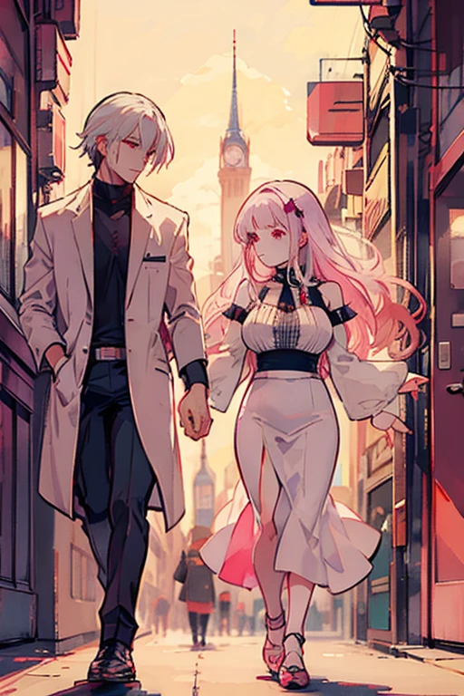 A pink haired woman with violet eyes with an hourglass figure is walking with a white haired handsome man with red eyes  at a concert in Gothic clothing
