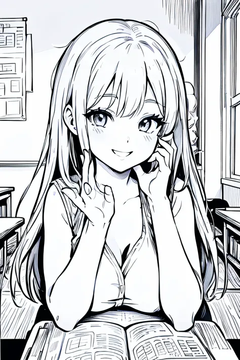Coloring pages for adults, pretty girl, smile, Bust shot close-up, Studying in the classroom, In the style of anime/manga, Rounded lines, high detail, Abstract shape background, black and white, with out shading, --If 9:16