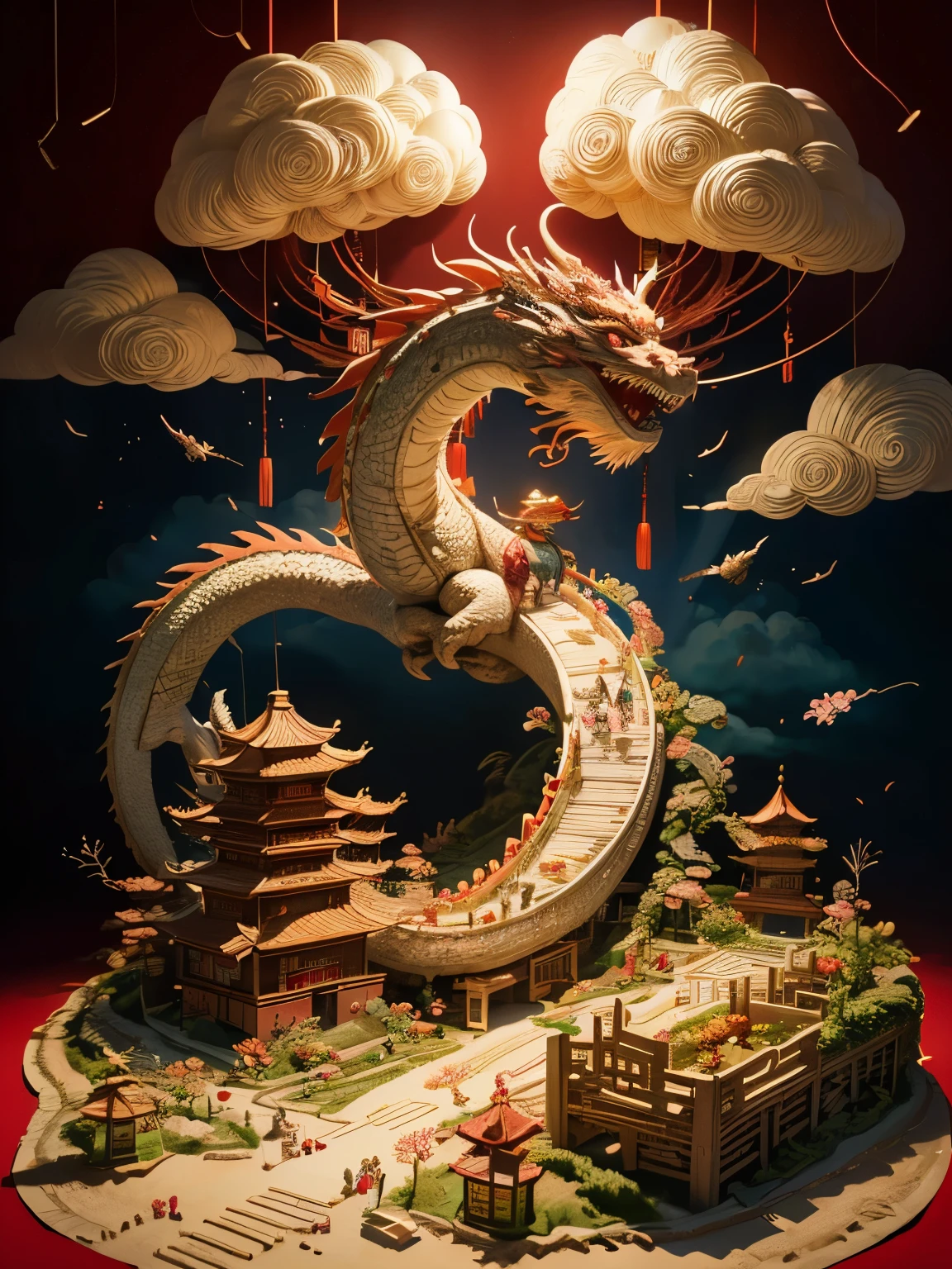 (แซนด์บ็อกซ์:1.4), มุมภาพยนตร์, (โคมรูปมังกรจีนโบกน่ารัก 1 อัน, เทศกาลฤดูใบไม้ผลิของจีน, งานรื่นเริง, พื้นหลังสีแดง, เมฆ, ดอกไม้, ดอกไม้ไฟ, ประทัด, โคมไฟ), (ศิลปะกระดาษ, Quilted ศิลปะกระดาษ, เรขาคณิต), (สีสันสดใสสุดๆ, คุณภาพดีที่สุด, มีรายละเอียดสูง, ผลงานชิ้นเอก, แสงภาพยนตร์, 4k, ไคอารอสคูโร)