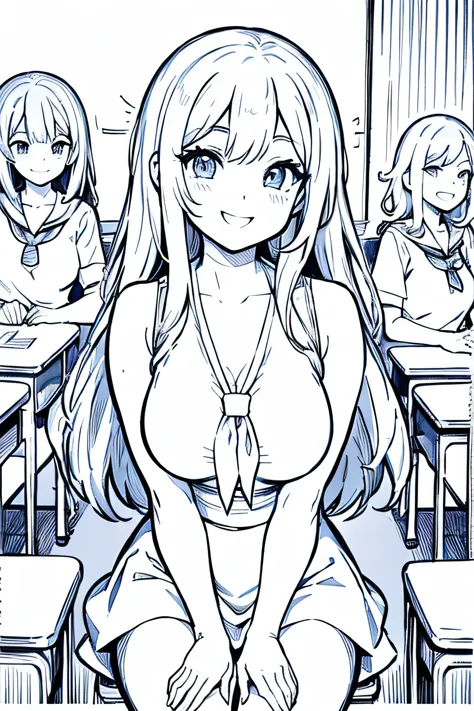 Coloring pages for adults, pretty girl, smile, Bust shot close-up, talking with a friend in the classroom, In the style of anime/manga, Rounded lines, high detail, Abstract shape background, black and white, with out shading, --If 9:16