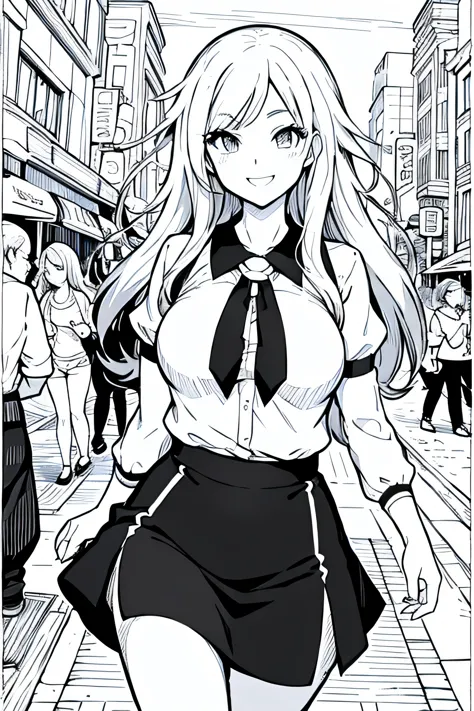 Coloring pages for adults, pretty girl, smile, Bust shot close-up, walk down the street, In the style of anime/manga, Rounded lines, high detail, Abstract shape background, black and white, with out shading, --If 9:16