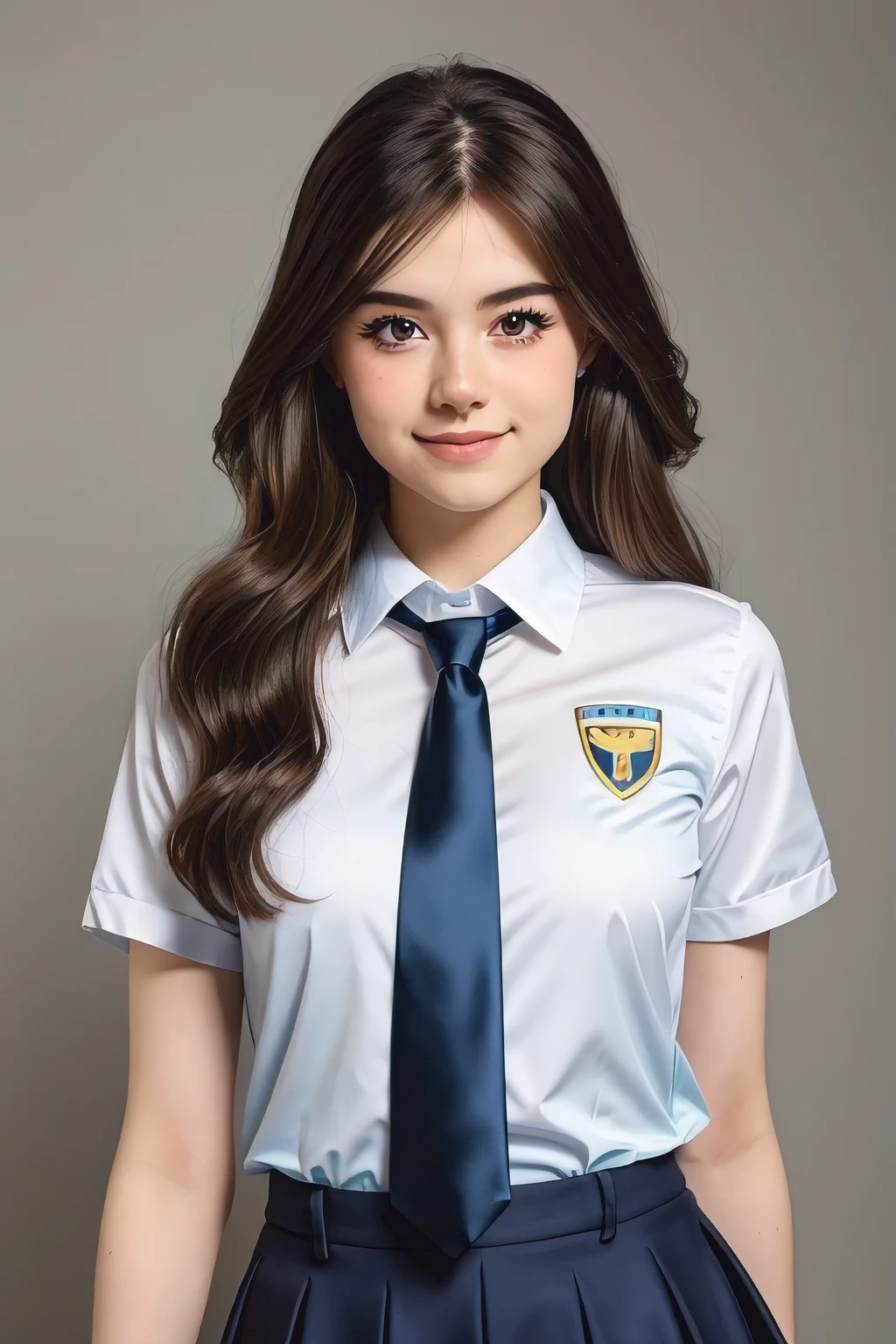 25years old beautiful-looking girl little smile, Class uniform college style suit ,(( one standing Celeste Verona looking at camera)), simple one colour background