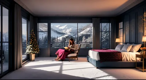 Winter night, Colorful room in a mansion, Large open balcony terrace which is a furnished veranda. A woman reads a book on the bed.You can see the beautiful snow beyond the hill, 4k, Ultra-high image quality, Luxury space, Moody indirect lighting, indoor p...