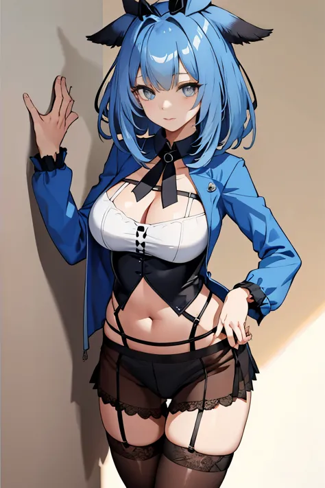 blue hair,big breasts,underwear,garter belt, black tights, underwearをずらす,whole body,Put your hand on the wall,backwards,Turn your butt,Putting out the belly button