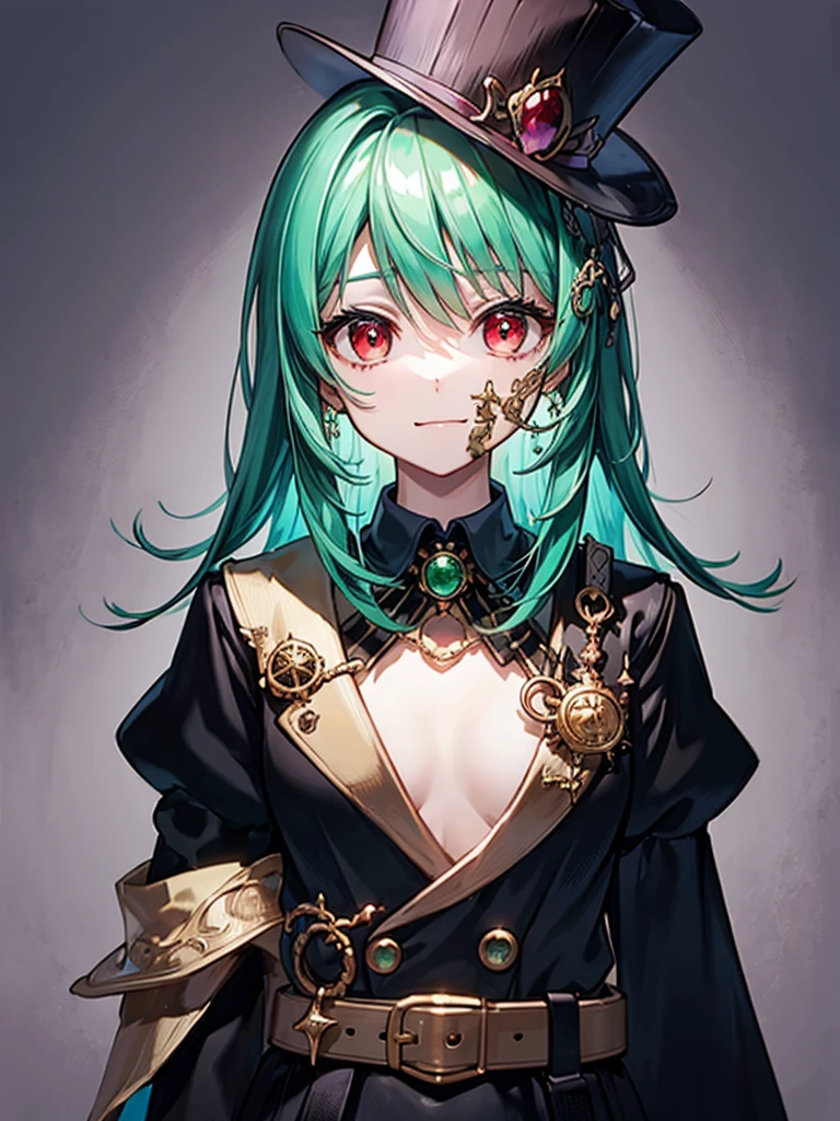 （（（masterpiece、Highest image quality、highest quality、highly detailed unity 8ｋwallpaper）））、（（Illustration of one girl、upper body））、（（（beautiful girl）））、（Emerald green hair、messy hair、sidelocks：1.2、red eyes、crazy smile：1.3）、（（（flat chest）））、（（（monocle）））、pocket watch、（（（Black top hat、Black tuxedo、belt）））