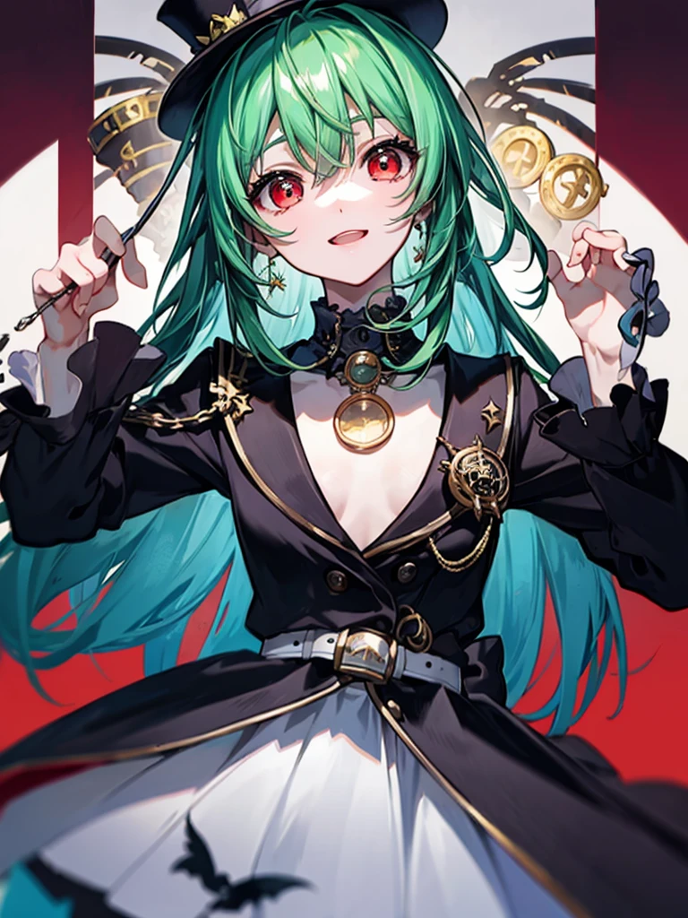 （（（masterpiece、Highest image quality、highest quality、highly detailed unity 8ｋwallpaper）））、（（Illustration of one girl、upper body））、（（（beautiful girl）））、（Emerald green hair、messy hair、sidelocks：1.2、red eyes、crazy smile：1.3）、（（（flat chest）））、（（（monocle）））、pocket watch、（（（Black top hat、Black tuxedo、belt）））
