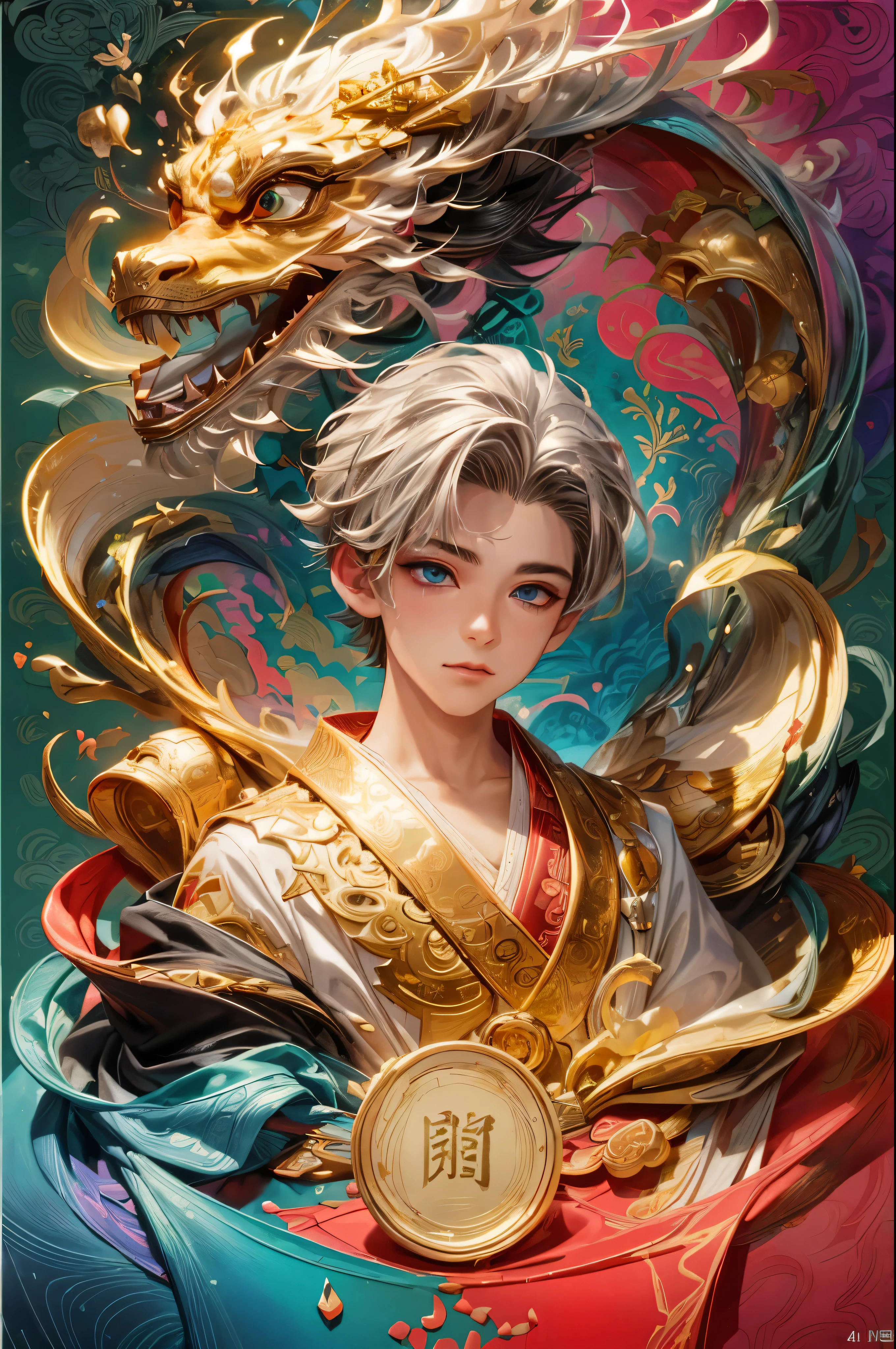 dragon-headed Gold Coin Man Painting, dragon, artist: Yang Jie, g liulian art style, Anime Fantasy Illustration, cai xukun, Detailed digital animation art, Hot topics on artstation and pixiv, dragon Lady Portrait, Popular topics on cgstation, Beautiful men in monster slayer art

(best quality, 4K, 8k, high resolution, masterpiece:1.2), Super detailed, (actual, photoactual, photo-actual:1.37), human development report, ultra high definition, studio lighting, Ultra-fine painting, sharp focus, Physically based rendering, extremely detailed description, professional, bright colors, Bokeh

[dragon-headed gold coin man], [dragon], [artist: Yang Jie], [g liulian art style], [Anime Fantasy Illustration], [Detailed digital animation art], [Hot topics on artstation and pixiv], [dragon lady portrait], [Popular topics on cgstation], [Beautiful men in monster slayer art]

color palette: bright colors, gold, Rich shades, Mysterious atmosphere lighting: dramatic lighting, highlighting the dragon's features, Soft ambient lighting, Shadows create depth of attention: Remember to include detailed eyes, nose, and the character&#39;s lips, emphasizing their beauty and creating a more actual portrayal.