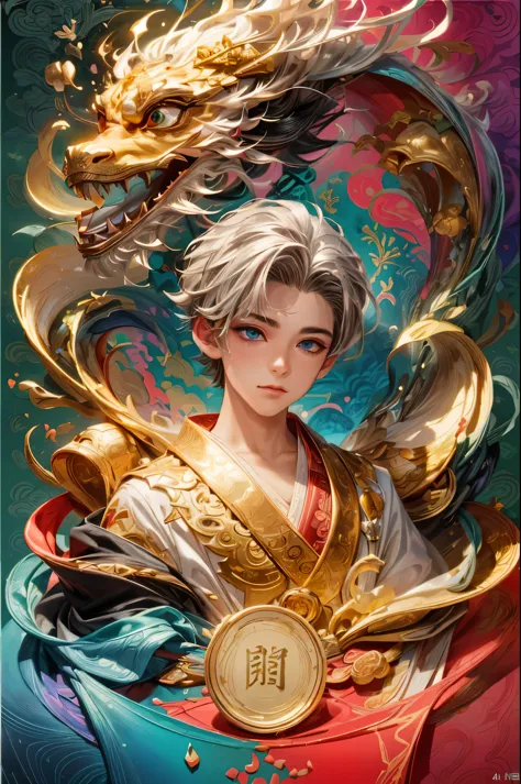 dragon-headed Gold Coin Man Painting, dragon, artist: Yang Jie, g liulian art style, Anime Fantasy Illustration, cai xukun, Deta...