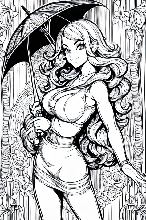 Coloring pages for adults, pretty girl, smile with an umbrella, Bust shot close-up, retro comic style, Wave lines, low detail, diamond pattern background, black and white, with out shading, --If 9:16