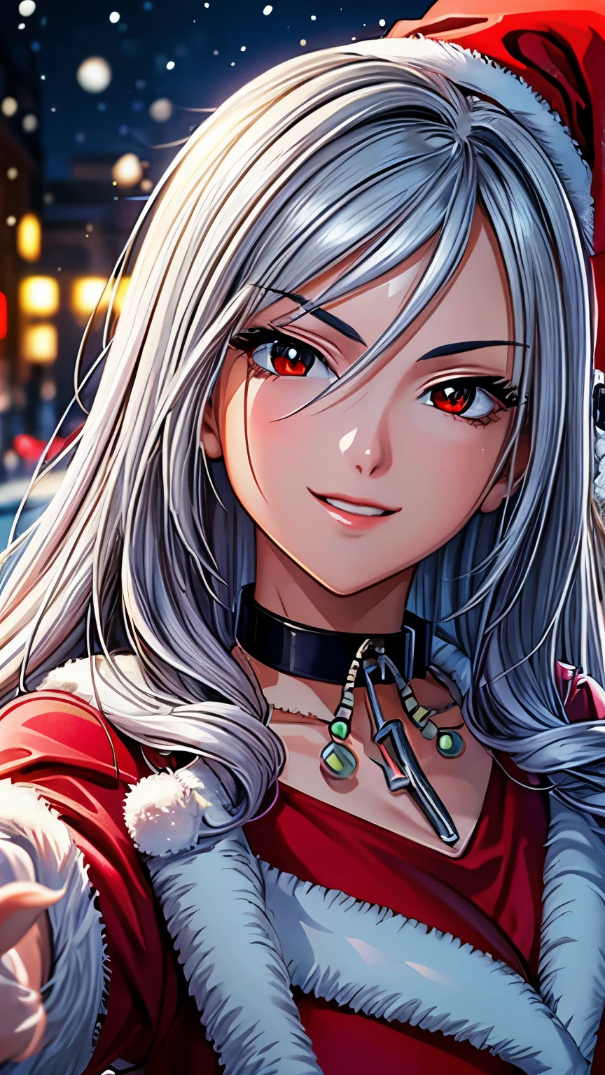 The best piece, Artistically beautiful, Bright Silver Hair, Letting down your bangs, red eyes with slit pupils, santa costume, Santa's Hat, christmas armor, Santa Claus's coat, Use blizzard magic, Photorealsitic, An ultra-high picture quality, hightquality,​ masterpiece, Digital SLR, Detailed details, Intricate details, Based on anatomical grounds, Depicted in detail, Detailed face, realistic skin textures,Vivid details, perfect anatomia, perfect anatomia, Anatomically correct hand, Anatomically correct fingers, Super Detail,Complex 3D Rendering, sexy pose, bright red claws, beautiful christmas, Fantasy worldview, Gorgeous Christmas Tree, white Christmas, neon color, Beautiful cityscape, mysterious snow scene, It's snowing, Picturesque beauty, Photograph the whole body,9 head body, Red Lip, Beautiful curly hair, Luxurious necklace, emphasize the beautiful whole body,B eautiful nails, A smile,