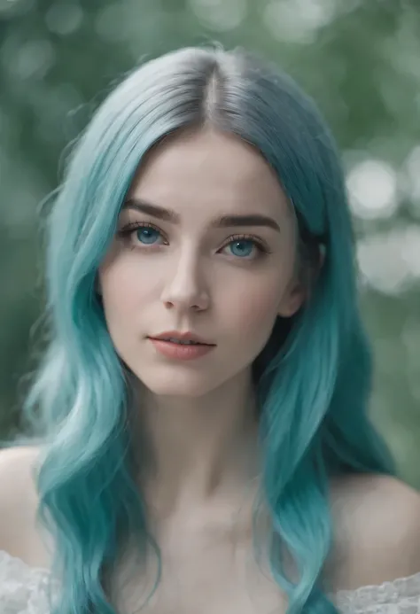 closeup portrait of Caucasian woman with long light blue hair, wearing ...