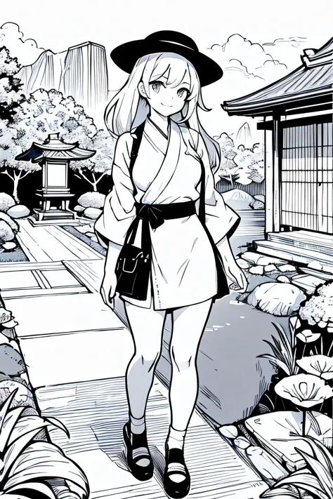 Coloring pages for adults, pretty girl, smile , In the style of anime, dashed line, Medium Details, Abstract shape background, black and white, with out shading, --If 9:16,Shukkeien Garden, Traditional Japan garden, calm atmosphere, teahouse, Miniature lan...